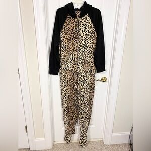 Leopard Print Fleece Footed PJs Onsie Cat Ear Face Hood & Kangaroo Pouch Large